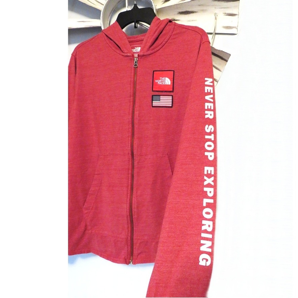 The North Face Men's Medium Zip Hoodie Red Heather Never Stop Exploring USA Flag